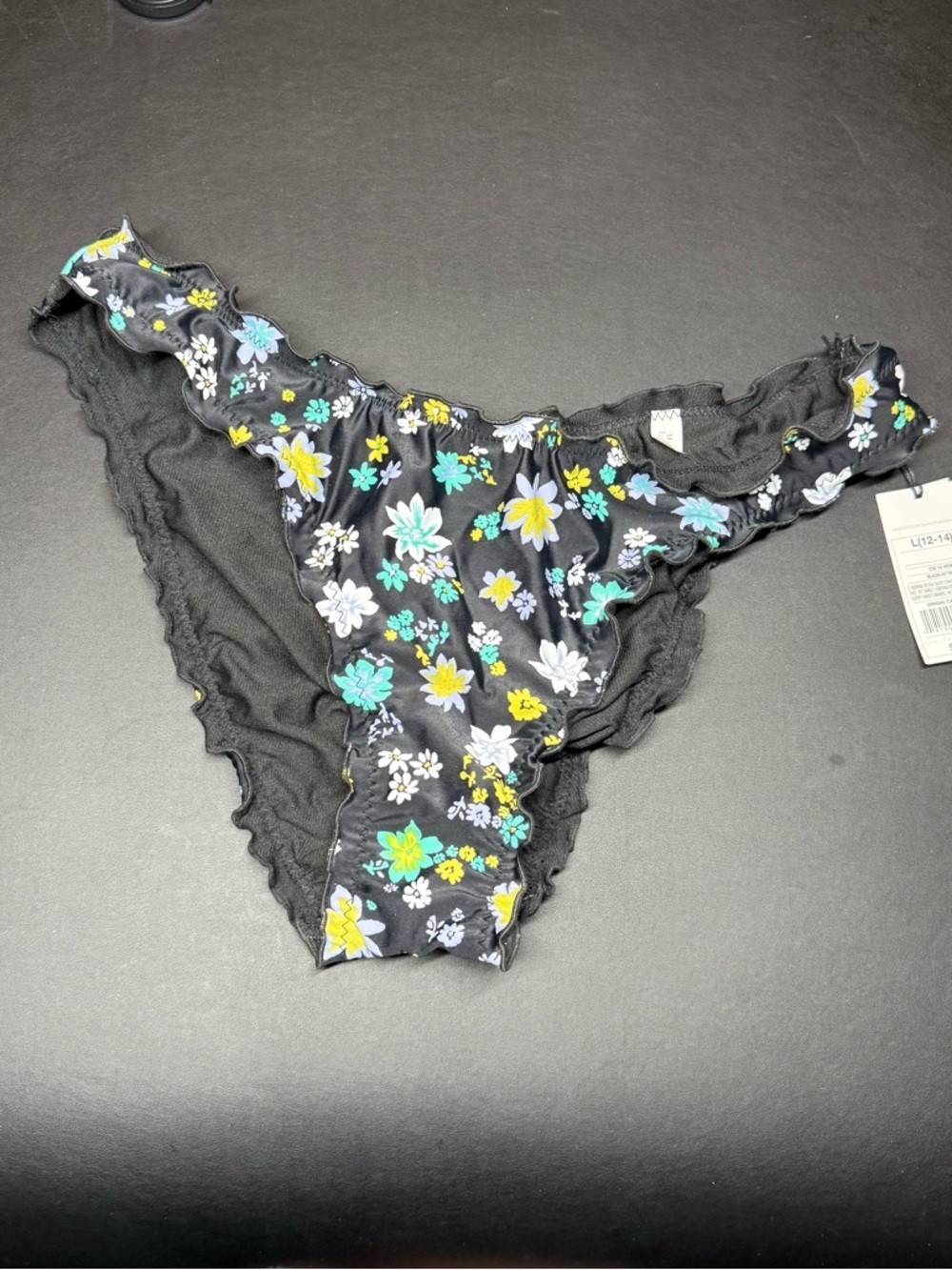 NWT Shade & Shore Black Floral Ruffle Bikini Bottoms with Teal & Yellow Accents
